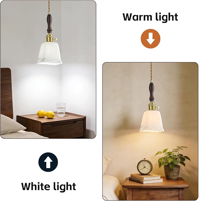 Mini Pendant Light Milky White Glass Pendant Lights Vintage Brass Pendant Lighting Kitchen Island Hanging Lamp with Wood Handle for Bedroom Dining Room (3 Pack)