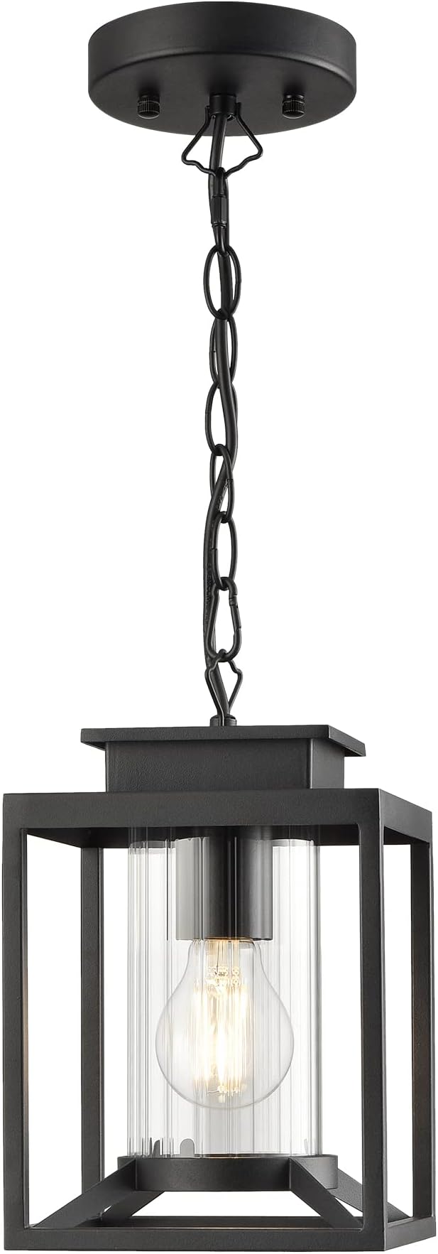 Outdoor Pendant Light for Porch, 1-Light Black Hanging Porch Light Modern Exterior Hanging Lantern with Cylinder Glass and Adjustable Chain for Gazebo, 2353/1H