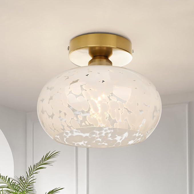 FRIDEKO HOME Glass Ceiling Light - Farmhouse Hallway Lighting Fixtures Ceiling Semi Flush Mount Ceiling Light Fixture for Kitchen Bathroom Entryway Porch (White Cloud-8.66 inch)