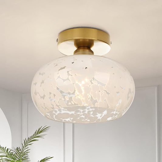 FRIDEKO HOME Glass Ceiling Light - Farmhouse Hallway Lighting Fixtures Ceiling Semi Flush Mount Ceiling Light Fixture for Kitchen Bathroom Entryway Porch (White Cloud-8.66 inch)