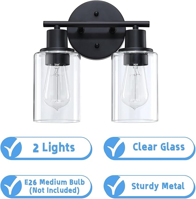 WISBEAM 2-Light Bathroom Vanity Light, Black Bathroom Light Fixtures with Clear Glass Shade Including E26 Medium Base, Bulb NOT Included, Vanity Light Over Mirror