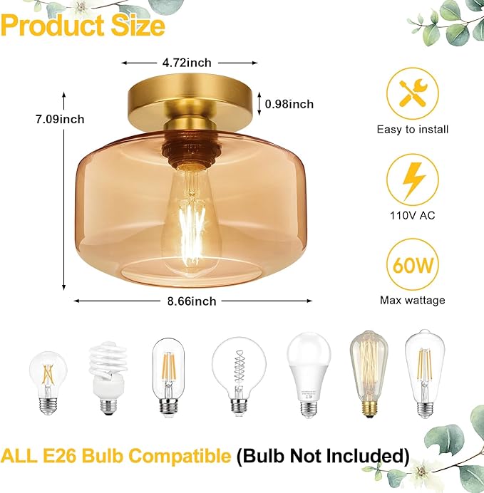 Lynnoland Industrial Semi Flush Mount Ceiling Light Brushed Gold, Amber Glass Shade Ceiling Light Fixture,Amber Light Fixture for Hallway Bathroom Bedroom, Vintage Hanging Light Fixtures
