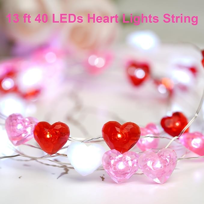 BOHON Valentine Day Decorations 13 ft 40 LEDs Red White Pink Lights String | Heart Fairy String Lights Battery Operated, Valentines Decor for The Home Galentines Day Indoor Garland Party with Timer