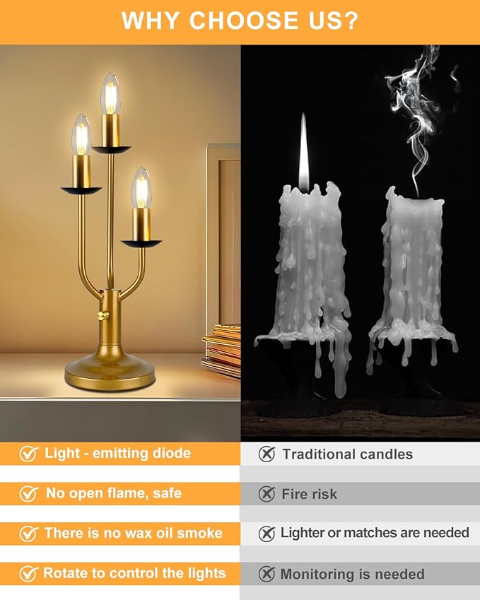 Lightdot Vintage Candle Table Lamp 3 - Light Candelabra Desk Lamp for Wedding/Party, 3000K Warm White Mid Century Nightstand Lamp Dimmable Bedside Lamps for Bedroom/Dining - Gold