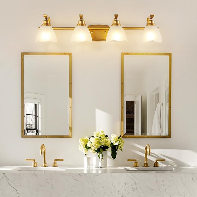 Bathroom Light Fixtures (4-Light, 32 Inch), Brushed Gold Vanity Lights for Bathroom with White Frosted Glass Shade, Modern Vanity Wall Lights for Mirror Bedroom Living Room Kitchen Hallway Porch