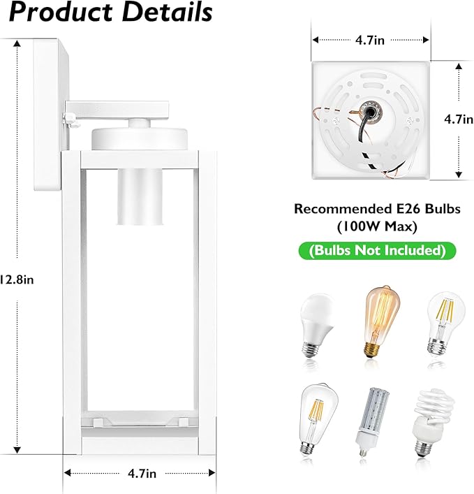 BesLowe Outdoor Wall Light Fixtures, Exterior Waterproof Wall Lanterns, White Porch Sconces Lighting with E26 Sockets & Glass Shades, Modern Wall Lamps for Patio Front Door Entryway