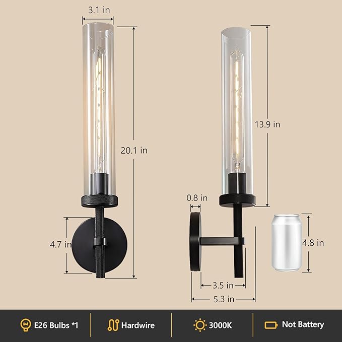 Bathroom Sconces Set of 2, 19.5" Black Cylinder Wall Sconces, Vanity Lights for Bathroom Mirror with E26 Bulbs Included