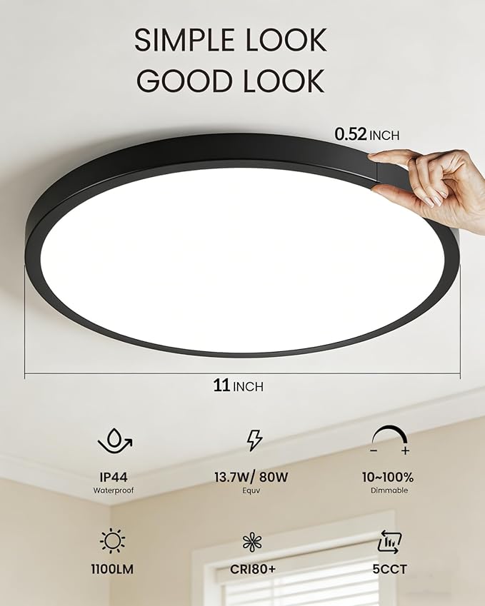 LEDYOND 11in Push-Fit LED Ceiling Lights 4 Pack Black, 0.52in Ultra Thin Flush Mount Light Fixture, 5CCT Selectable 3000K-6500K, 1100LM Dimmable Flat Panel Light for Home Renovation, IP44 ETL Listed