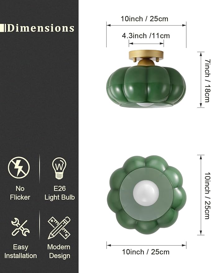 Vintage Semi Flush Mount Ceiling Light,Mid Century Modern Ceiling Light Fixtures,10 Inch Green Glass Shade with a Gold Base,for Bedroom, Kitchen, Hallway, Entryway, and Balconie