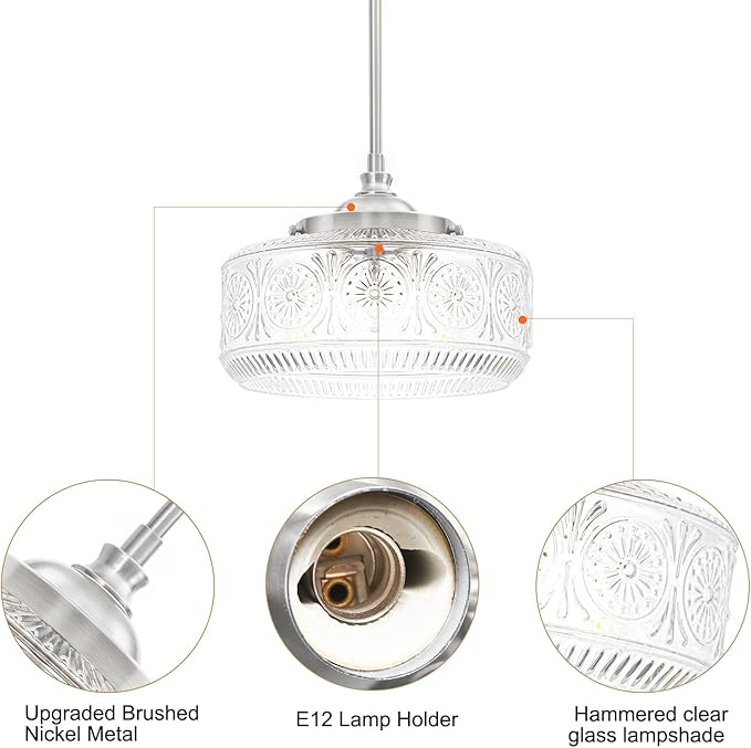 Vintage 3 Lights Drum Pendant Lights Kitchen Island with Etched Glass Shade, Adjustable Height Brushed Nickel Pendant Light for Kitchen Island, Dining Room,Bedroom,Hallway, E12 Base,Bulbs Not Included