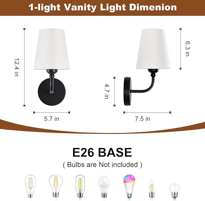 Modern Bathroom Vanity Light, Matte Black Bathroom Light Fixtures, Set of 2 Lighting Fixtures Over Mirror, Modern Wall Sconce with Flared White Fabric Shade, E26 Socket(ETL Listed)
