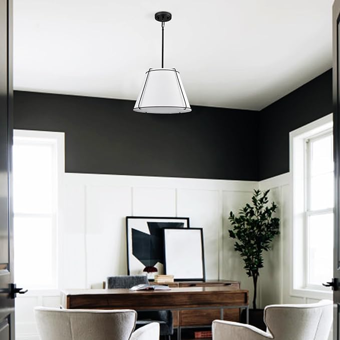 Modern Pendant Light Fixtures, 16" White Linen Drum Pendant Lights, Adjustable Hanging Light Fixture with Metal Frame, Black Chandelier for Bedroom Dining Room Kitchen Island Living Room