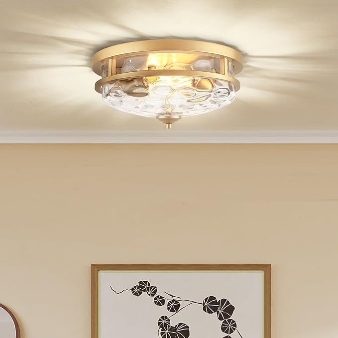 Flush Mount Ceiling Lights, 2-Light Farmhouse Close to Ceiling Light, Industrial Ceiling Lighting Fixture for Kitchen Hallway Bedroom Living Room Stairways Porch (Gold)