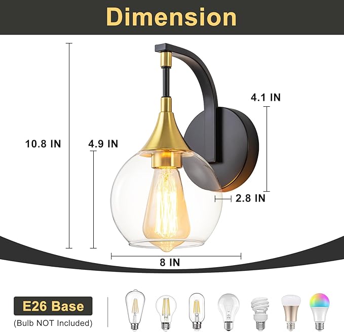 Modern Wall Sconce, Black and Gold Bathroom Vanity Lights with Clear Glass Shade, 1-Light Wall Light Fixture for Bathroom,Living Room, Hallway, Bedroom