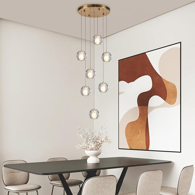 Brass Modern Chandelier, 7 Lights Bubble Crystal Pendant Light, 59" Long Chandelier Bubble Raindrop Chandelier Light Fixture for Entryway Foyer Staircase