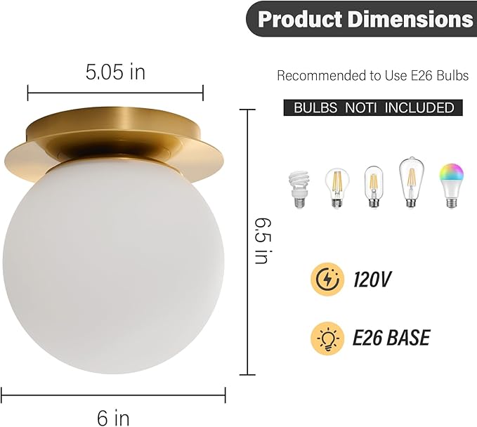 Modern Glass Globe Wall Sconce: Gold Spherical Sconces Light - Small Brass Vanity Single Ball Lights Fixture - Contemporary Milk Glass Wall Mounted Lamp for Bedroom Bathroom Hallway Bulb Not Included