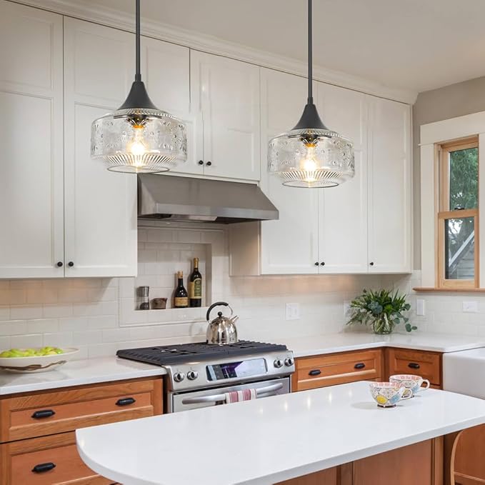 Black Pendant Lights Kitchen Island, Pendant Light with Large Thickened Glass Lampshade, Vintage Pendant Light Hanging Light Fixture for Dining Room Hallway Bedroom, E26 Base & Adjustable Cable