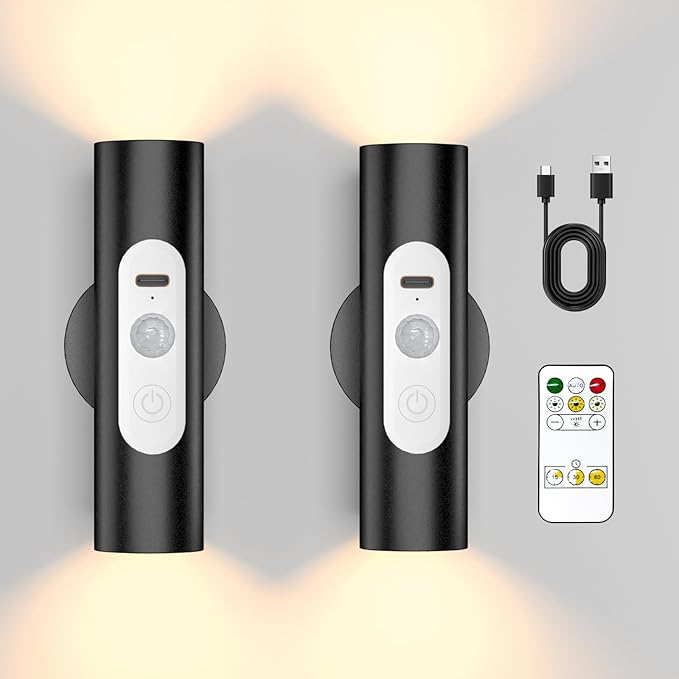 WOBSION Motion Sensor Wall Light with Remote Control, Rechargeable Wireless Wall Sconce, Brightness Adjustable, 3 Color Mode,Indoor Lamp for Hallway, Bedroom,Picture,LED,Black,2 Pack
