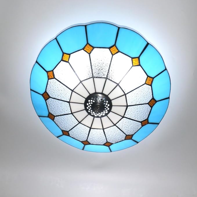 Tiffany Style Ceiling Light 16 Inch 3-Lights Stained Glass Flush Mount Ceiling Light for Bedroom Dining Room Living Room