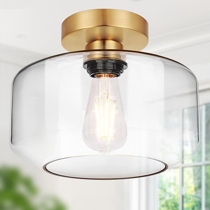 Lynnoland Industrial Semi Flush Mount Ceiling Light (X-Large), Clear Glass Shade Ceiling Light Fixture, Brushed Gold Light Fixture for Hallway Bathroom Bedroom, Vintage Hanging Light Fixtures