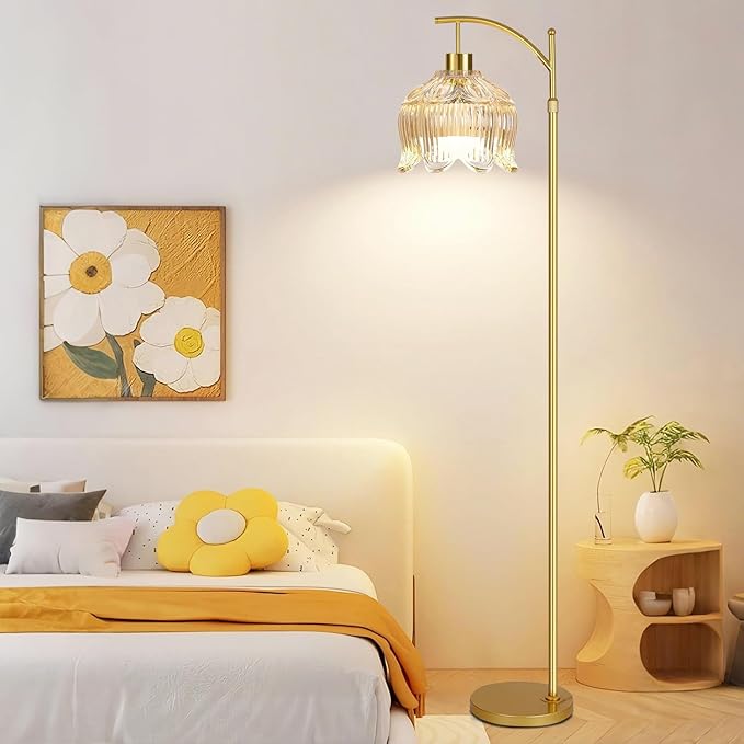 QIYIZM Floor Lamp for Living Room,Bedroom,Gold Dimmable Standing Lamp with Remote,Mid Century Modern Brass Tall Lamp Boho Floor Lamps Arc Stained Glass Tulip Flower Floor Light Lamp Girls Bohemian