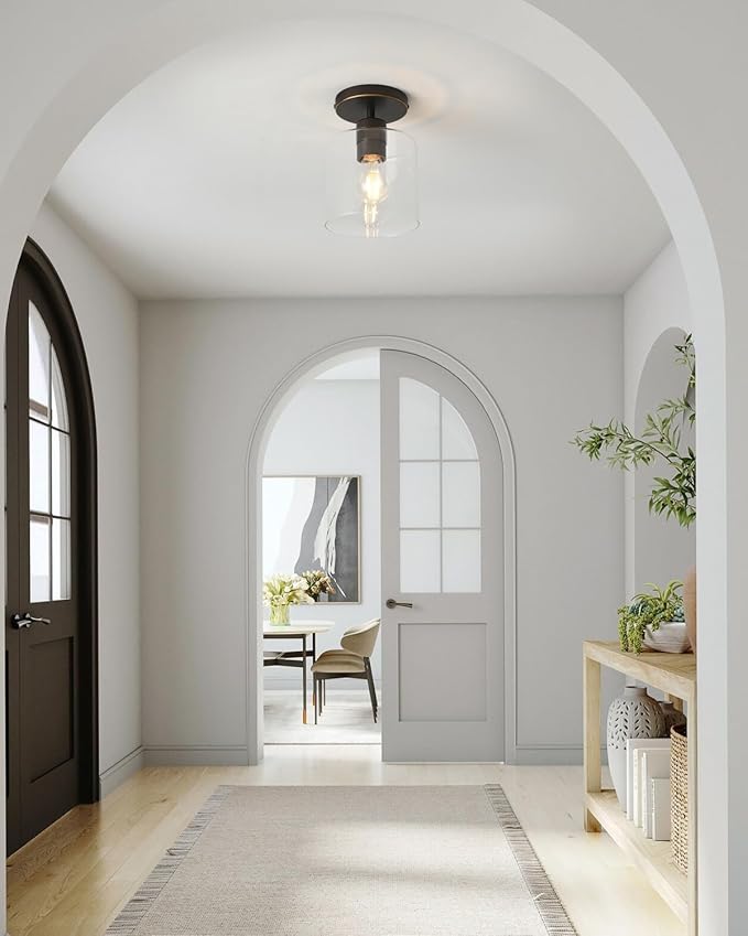 Brown and Gold Semi Flush Mount Ceiling Light,Modern Farmhouse Ceiling Light Fixture for Closet Entryway,Hallway Light Fixture 5.9in Clear Glass Shade 2 Pack