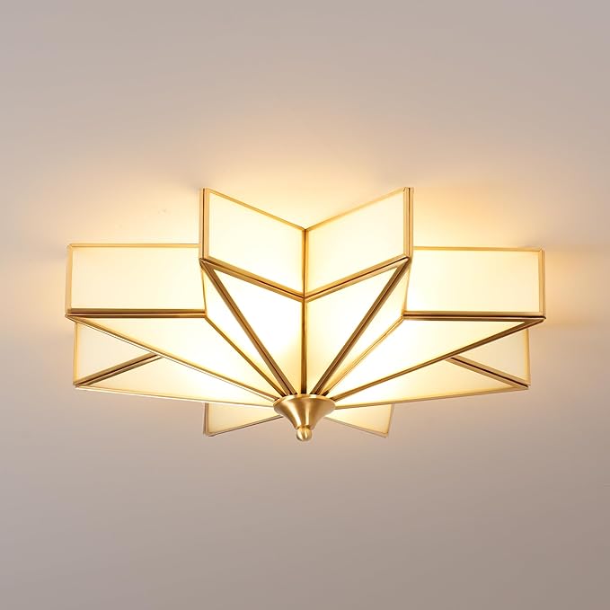 Star Glass Ceiling Light with Ceramic Light Socket Brass Flush Mount Ceiling Light Fixture with Frosted Glass Shade Mid Century Moravian Star Light for Bedroom Foyer Living Room (19.7")