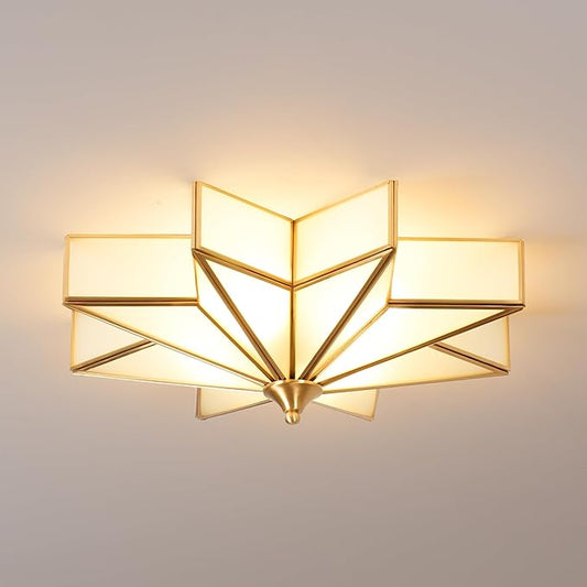 Star Glass Ceiling Light with Ceramic Light Socket Brass Flush Mount Ceiling Light Fixture with Frosted Glass Shade Mid Century Moravian Star Light for Bedroom Foyer Living Room (19.7")