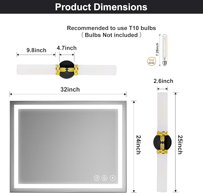 LaLuLa Black and Gold Vanity Light Fixtures – Modern Hardwired Wall Sconces with Milk Glass Shades, Textured Metal Bathroom Lighting for Over Mirror or Hallway, 25" Height