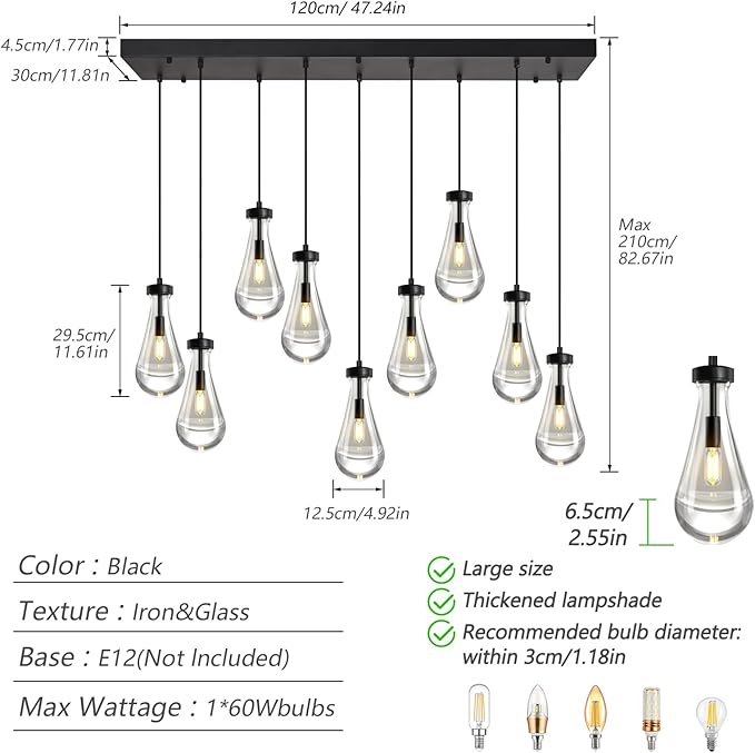 Modern Raindrop Pendant Lights Kitchen Island Teardrop Black Hanging Light Fixture Clear Solid Glass Chandeliers Crystal Pendant Light for Porch Living Room Dining Room(Long Plate-9 Lights)