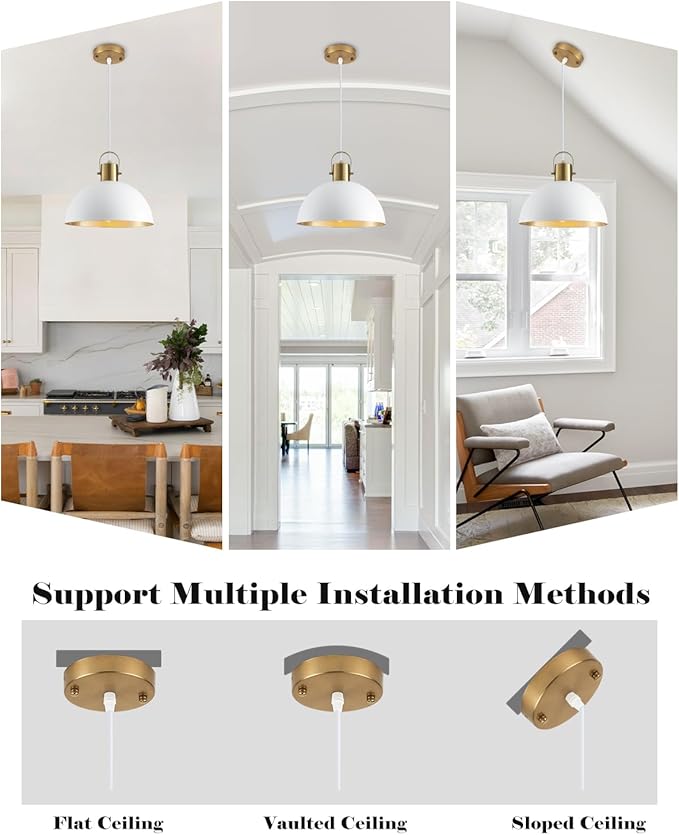 White and Gold Pendant Light 2 Pack, 11.8 Inch Dome Pendant Lights Kitchen Island, White Farmhouse Pendant Lights for Kitchen Island, Dining Room, Living Room