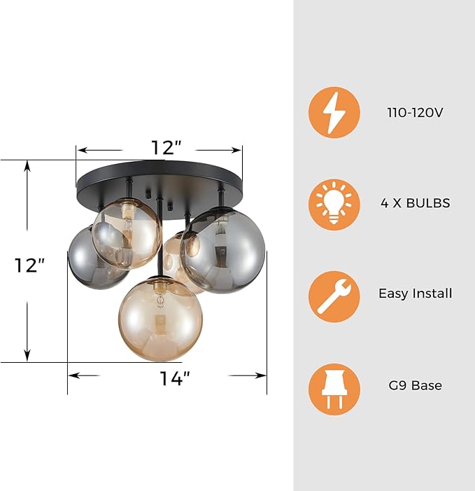 Shrine Lighting Bubble Glass Ceiling Light, Flush Mount Ceiling Light for Living Room, D14'' x H12'', G9*4 Sockets, Globe Glass Shade & Black Finish Frame