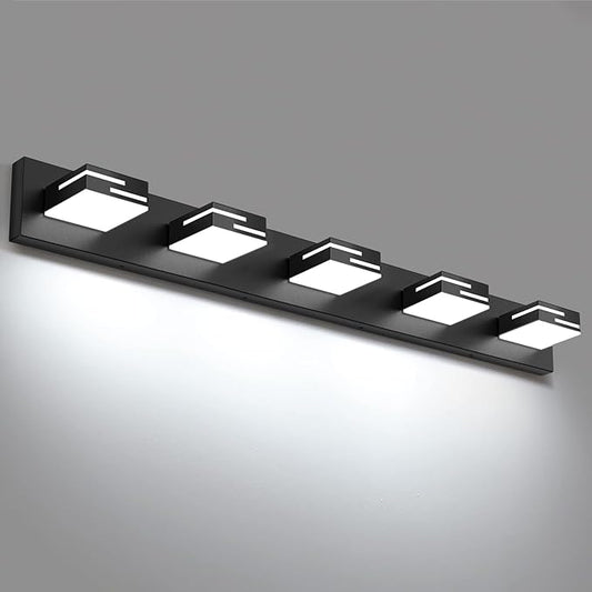 LED Modern Bathroom Vanity Light Fixtures, 5-Light 34-inch Dimmable Matte Black Vanity Lights for Bathroom Lighting Fixtures Over Mirror, with 360° Rotatable Acrylic Heads (Cool White 6000K)