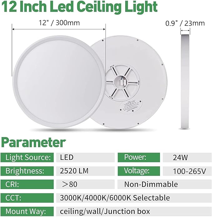 4PK 12 Inch LED Flush Mount Ceiling Lights, 24W, 2500LM, 3000K/4000K/6000K CCT Selectable, Round Flat Panel Lights for Hallway, Kitchen, Bedroom, Laundry Room