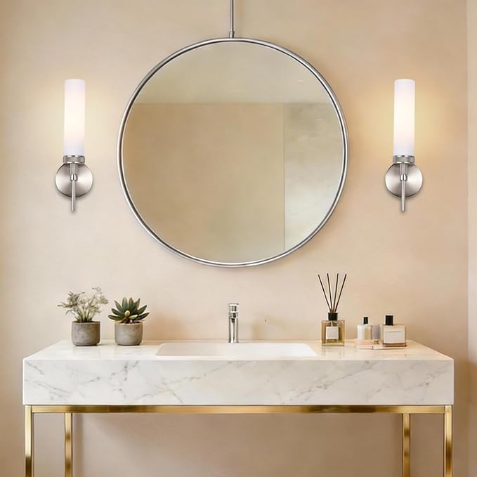 LaLuLa Wall Sconce Set of 2, Brushed Nickel Vanity Light for Bathroom, Knurled Detail, Frosted Glass Cylinder Shade, E26 Base, Hardwired, Up or Down Mount, for Hallway, Bedroom, Living Room