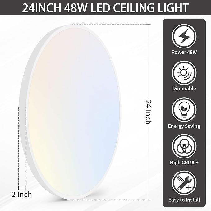 24 Inch Flush Mount Ceiling Light Fixture, Dimmable with Remote, 3000K-6500K Adjustable Color, 48W 4800Lm Ultra Thin Modern Round LED Ceiling Light, White for Bedroom, Kitchen, Living Room