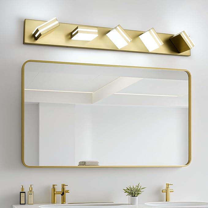 OKELI 5 Light Bathroom Vanity Light Gold Modern 36W LED Dimmable Vanity Light Over Mirror 350° Adjustable Lamp Head Cold White 6000K ETL Listed 36.2Inch