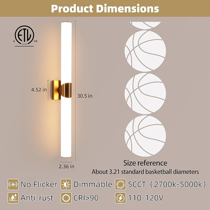 Modern Wall Sconce 30 Ihch Gold Bathroom Sconces LED Wall Lighting Fixtures with Acrylic Shade Hardwired Long Vanity Lights Over Mirror for Bedroom Living Room Hallway