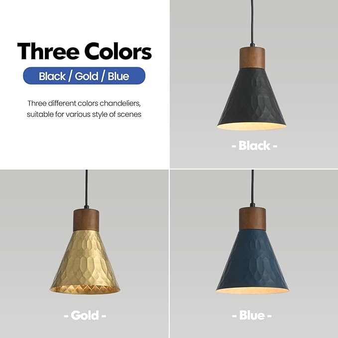 Farmhouse Pendant Lights for Kitchen Island, Modern Blue and Wood Dome Pendant Light Fixtures, Industrial Hanging Pendant Lighting for Dining Room Foyer Cafe Kitchen Sink, 3 Pack