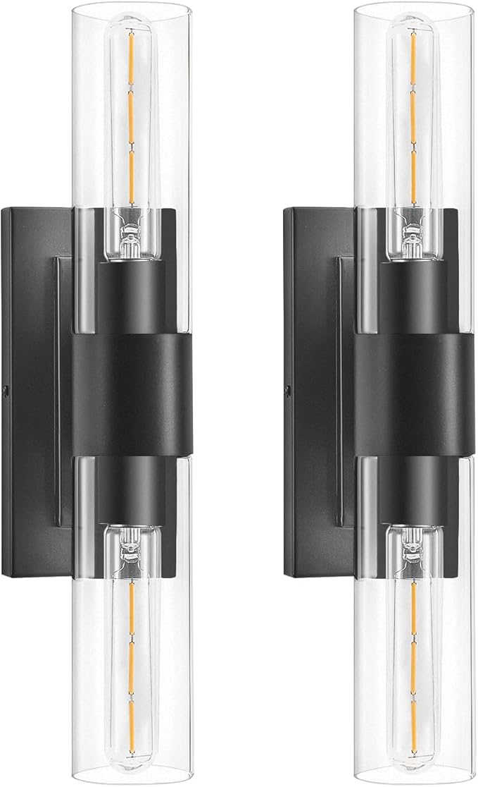 Black Wall Sconces Set of Two,Modern Bathroom Light Fixtures,2-Light Sconces Wall Lighting with Thickened Tempered Clear Glass,19 in Indoor Hardwired Wall Lights for Bedroom,Mirror, E26 Base