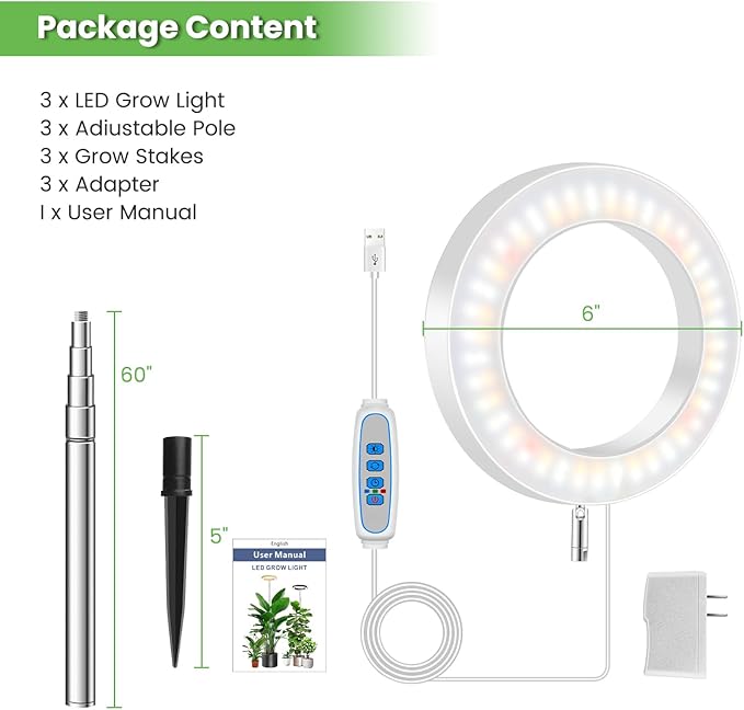 Aokrean 6.3in Grow Light, 80 LED Full Spectrum Halo Plant Lights for Indoor Growing, Height Adjustable 10"-65" Growing Lamp, Auto Timer 6/12/16Hrs, 3 Lighting Modes, Idea for Large Plant, 3 Pack