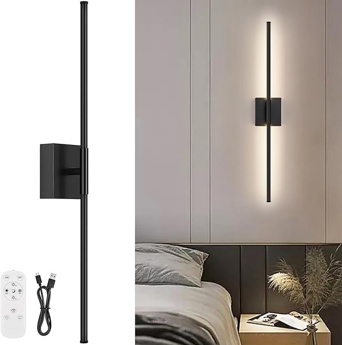 Battery Operated Wall Sconce, 5CCT Dimmable Black Wall Lights with Remote Control, Timable LED Wireless Wall Sconces, 350° Ratate for Bathroom, Living Room, Hallway 29.1 Inch 1 Pack