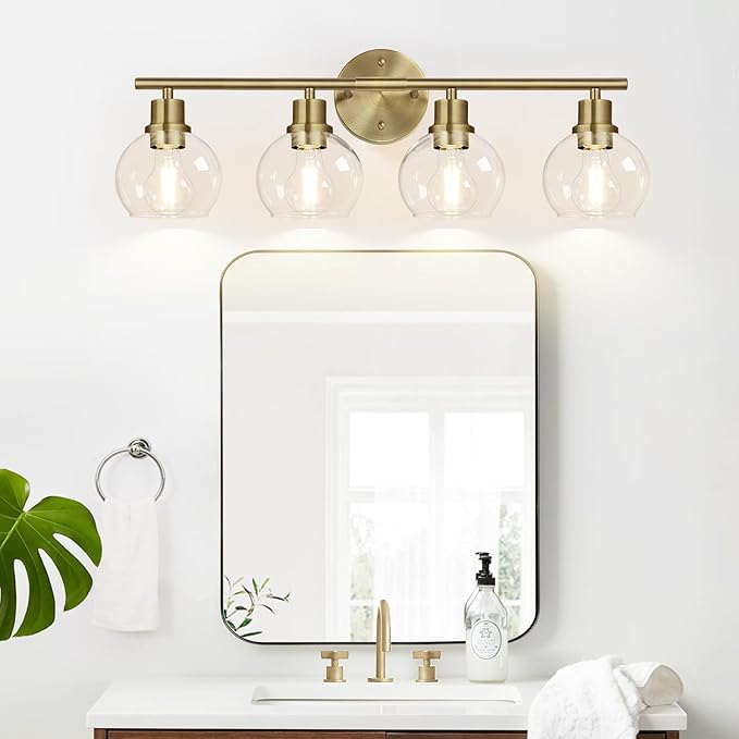 Indoi 4-Light Bathroom Light Fixtures, Brushed Brass Bathroom Lights Over Mirror with Clear Glass Globe Shade, Vanity Lights for Bathroom Kitchen Living Room Hallway Cabinet Bedroom Porch