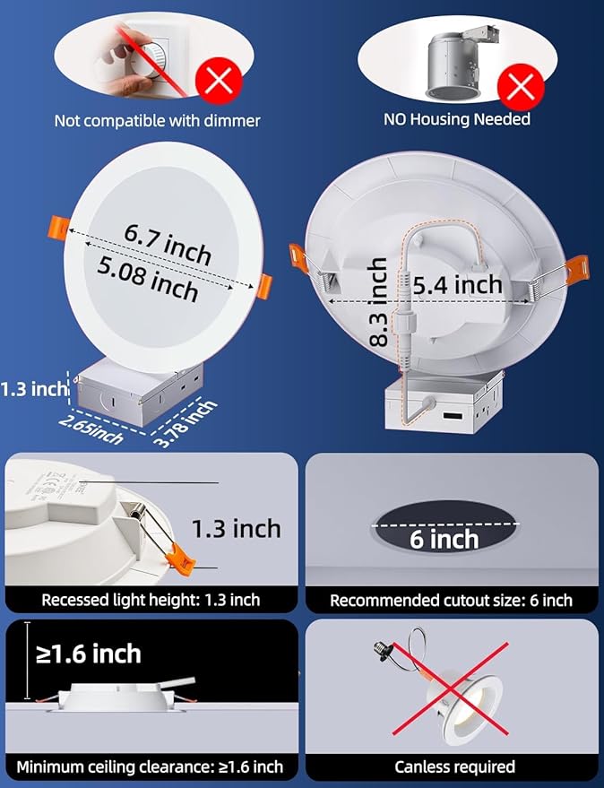 HEKEE LED Reccessed Downlights, Color Changing, 6 Inch, Recessed Ceiling Lights (6 Packs)