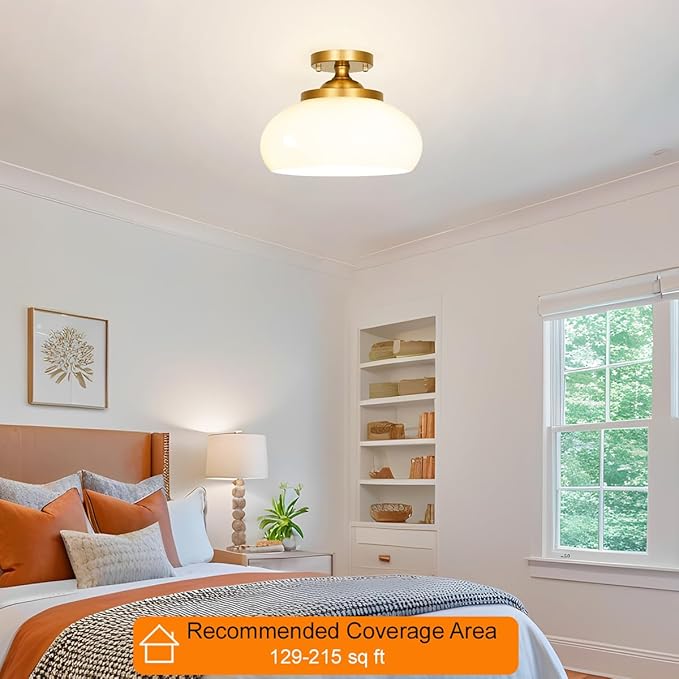 Mid-Century Gold Ceiling Light with Hand-Blown Milk Glass Shade - 12 Inch Semi Flush Mount Light Fixture for Hallway, Kitchen & Bedroom - Triple E12 Sockets for Even Illumination & Easy Installation