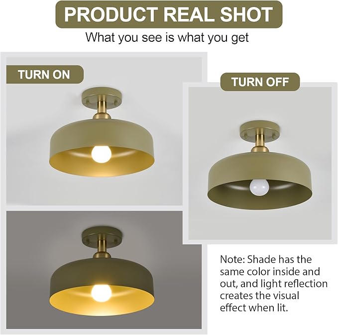 BISAMIYA Modern Semi Flush Mount Ceiling Light Fixture, 12.6" Metal Shade and Brass Accent Ceiling Light, for Entryway, Hallway, Dining Room, Storage Room, Cafe
