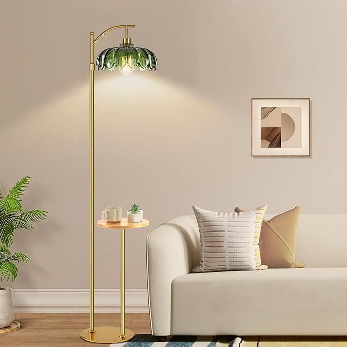 QIYIZM Gold Floor Lamp with Table and Shelves for Living Room Bedroom,Glass Standing Lamp with Remote Dimmable,Boho Brass Tall Lamp Vintage Farmhouse Arc Flower Floor Light Bohemian