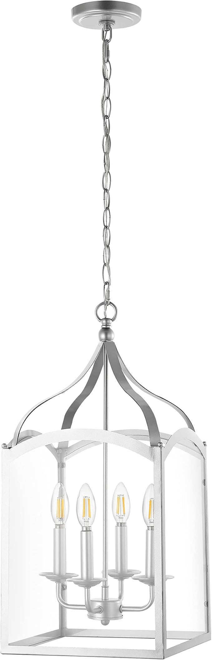 JONATHAN Y 11" Silver 4-Light Traditional Lantern Pendant Light, Metal and Clear Glass Shade, Classic Chandelier for Foyer, Kitchen Island, LED Bulbs Included (JYL7403B)