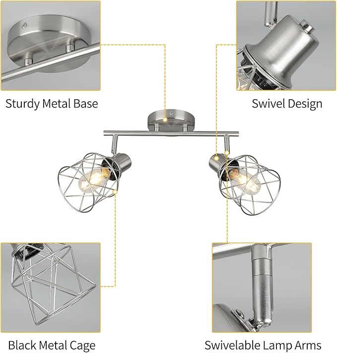 WILON Industrial Track Lighting Kit, 2 Light Modern Track Lighting Fixtures Brushed Nickel Flush Mount Ceiling Light Rotatable Light Head E26 Base Ceiling Spotlight for Kitchen Dining Room Hallway