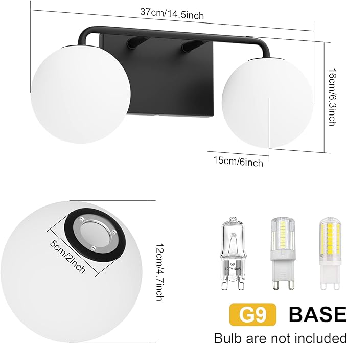 Tipace 2 Lights Mid Century Vintage Bathroom Vanity Light Fixtures Over Mirror Black Industrial Vanity Lights with Milk White Glass Globe Farmhouse Bath Lighting(Exclude Bulb)